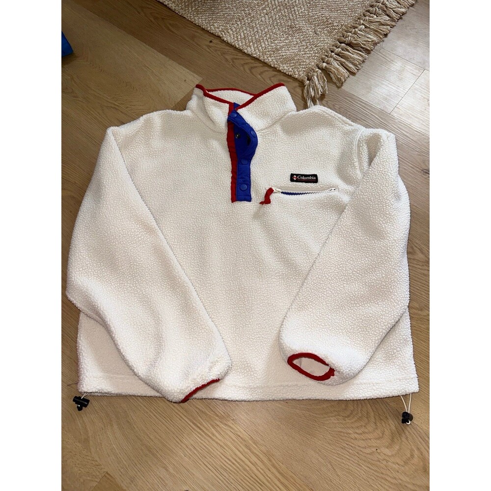 Columbia vintage creme fleece with blue and red trim